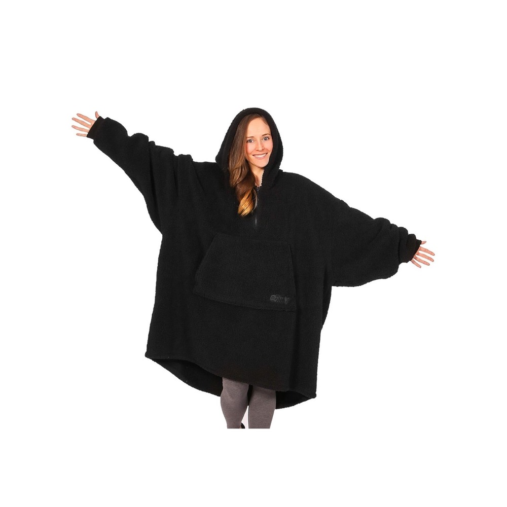 The Comfy Teddy Bear Quarter-Zip Wearable Blanket Black Sherpa Oversized Hoodie